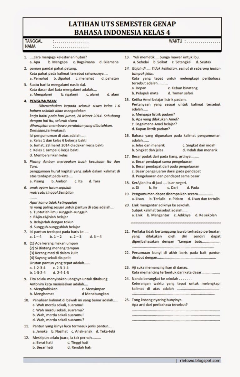 100 Soal Essay Bahasa Indonesia Kelas 4 Semester 2 Lengkap Jawaban dan Pembahasan
