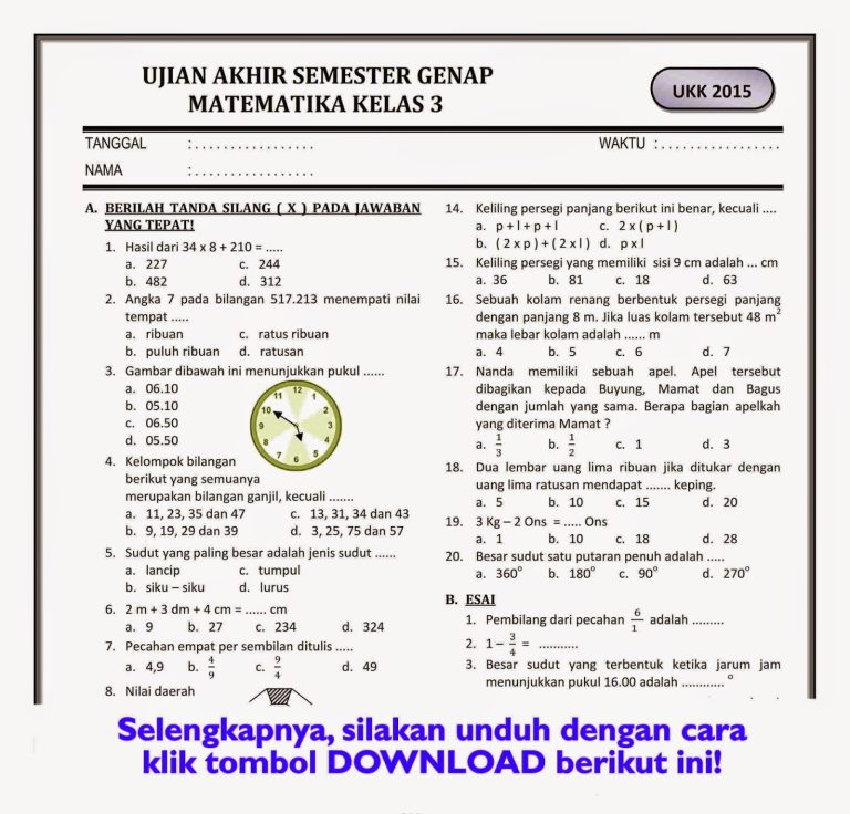 25 Soal PAT Matematika Kelas 3 Semester 2 dan Kunci Jawaban Terbaru 2026