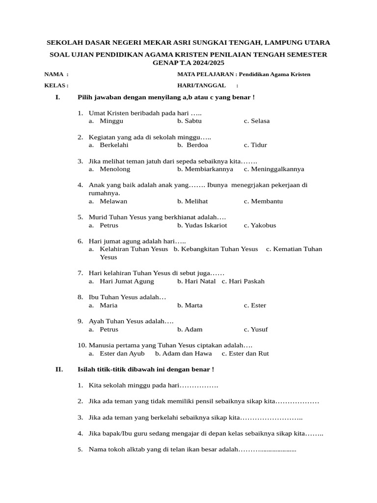 Soal Ujian Agama Kristen Kelas SD PDF
