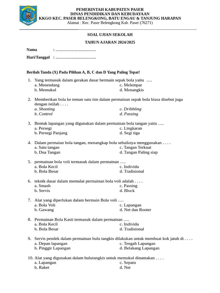 Soal Ujian Sekolah Olahraga 2024 2025 PDF