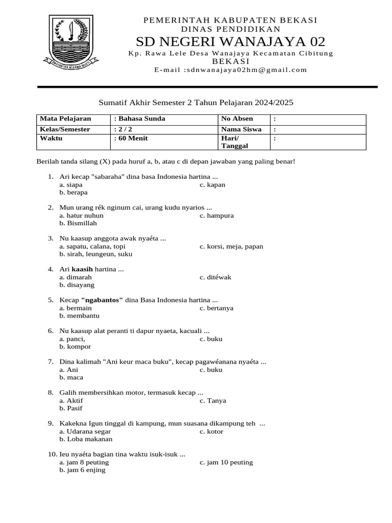Soal Bahasa Sunda Kelas 2 Semester 2 PDF