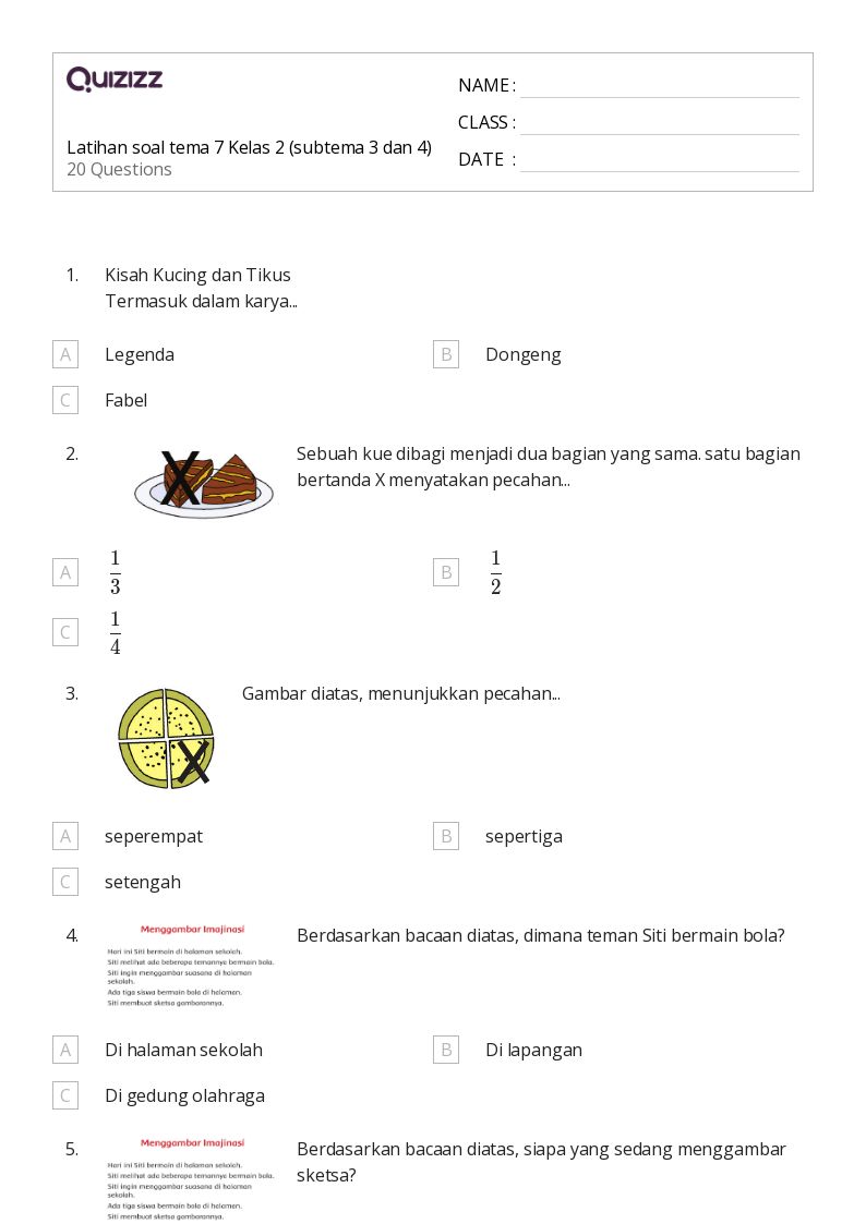 50 lembar kerja Soal Kata Pecahan untuk Kelas 2 di Quizizz Gratis
