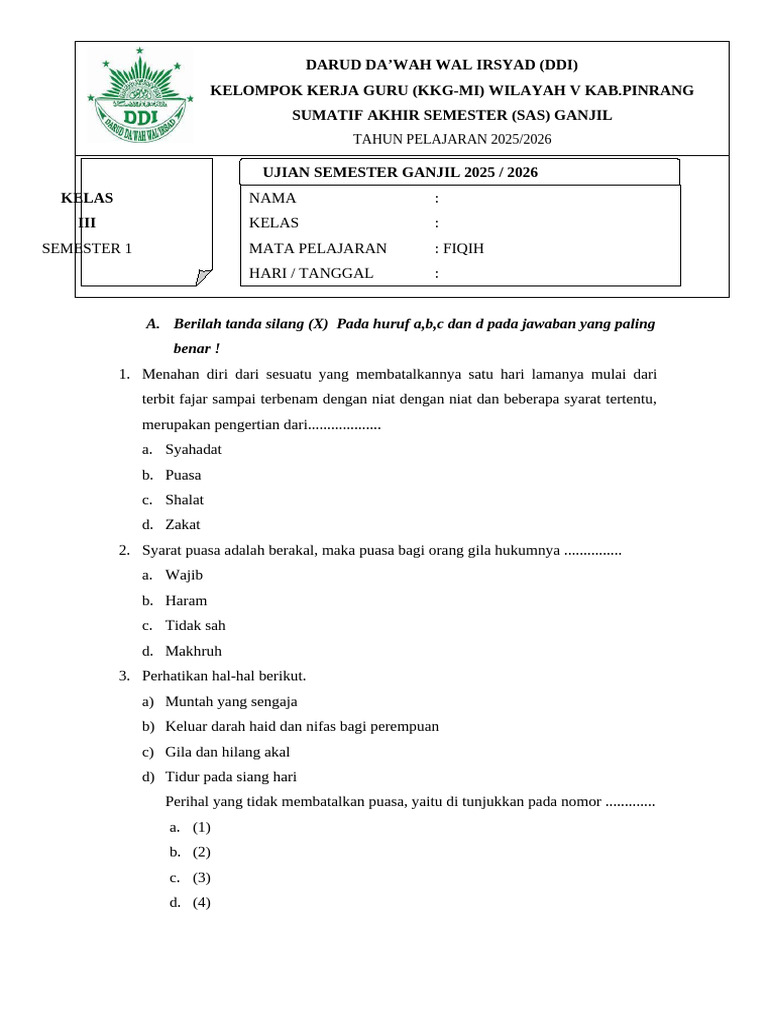 Soal Ujian Fiqih Kelas III Semester 1 PDF