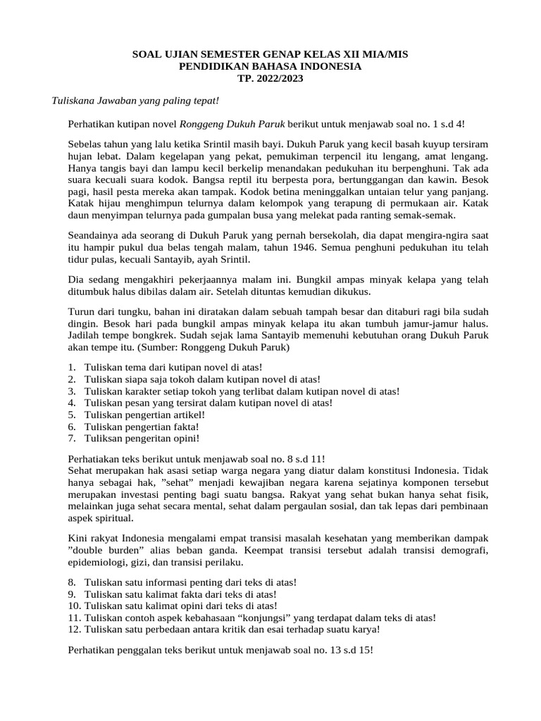 Soal Ujian Bahasa Indonesia Kelas XII PDF