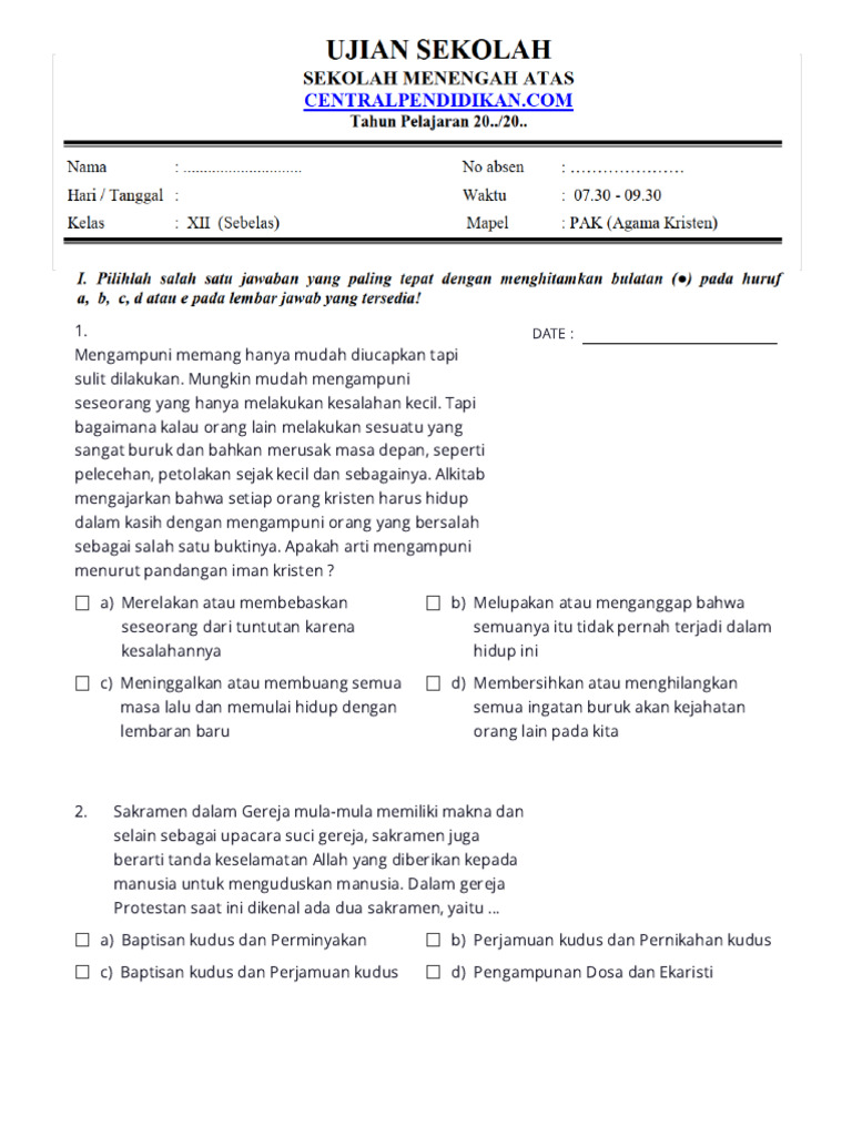 Ujian Sekolah Agama Kristen 2019 2020 PDF