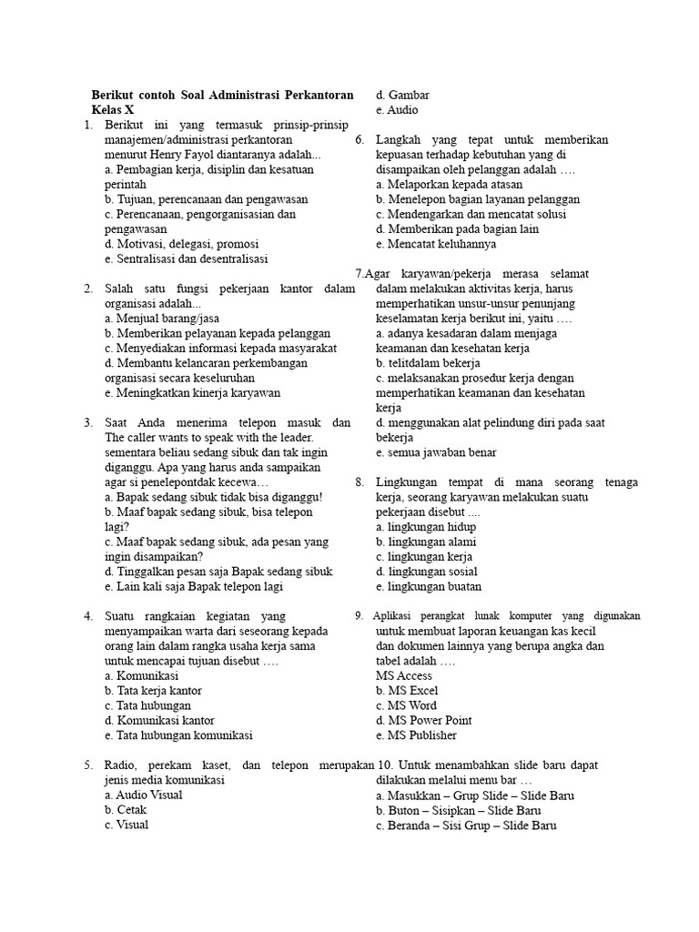 Contoh Soal Administrasi Perkantoran Kelas X PDF