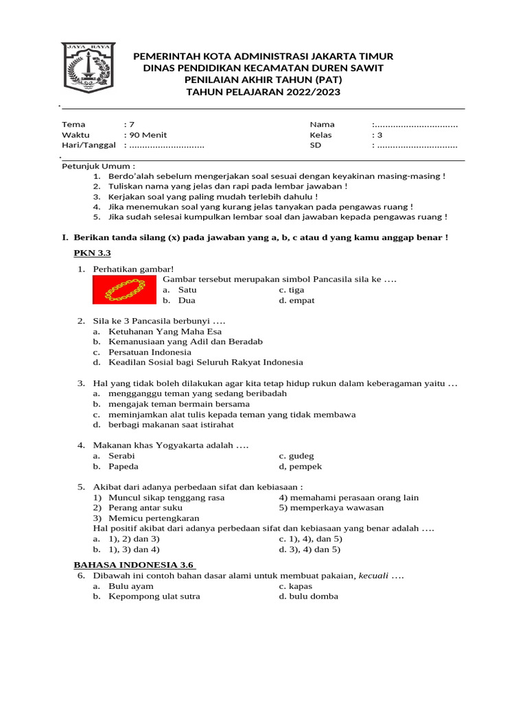 PAT Kelas 3 Soal Ujian 2022 2023 PDF PAT Kelas 3 Soal Ujian 2022 2023 PDF