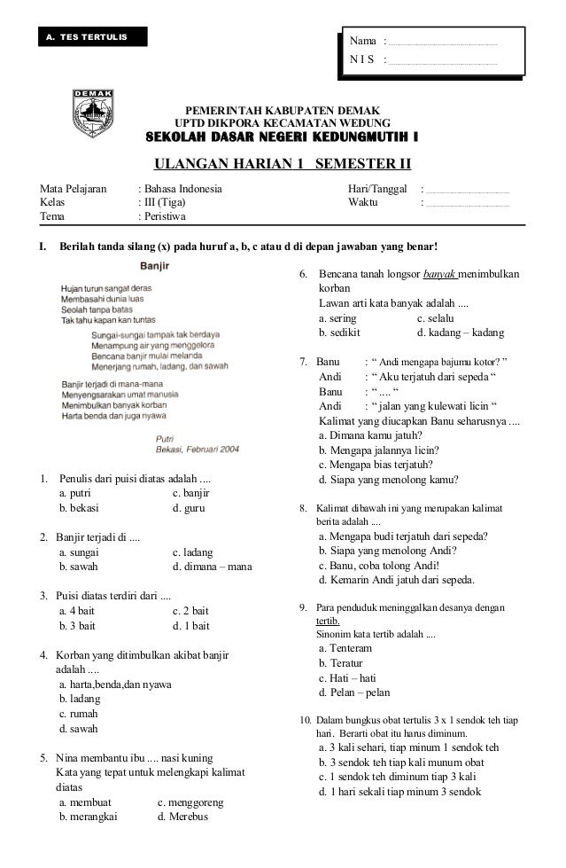 Soal Uas Bahasa Indonesia Kelas 3 Semester 1 Dalchaebi