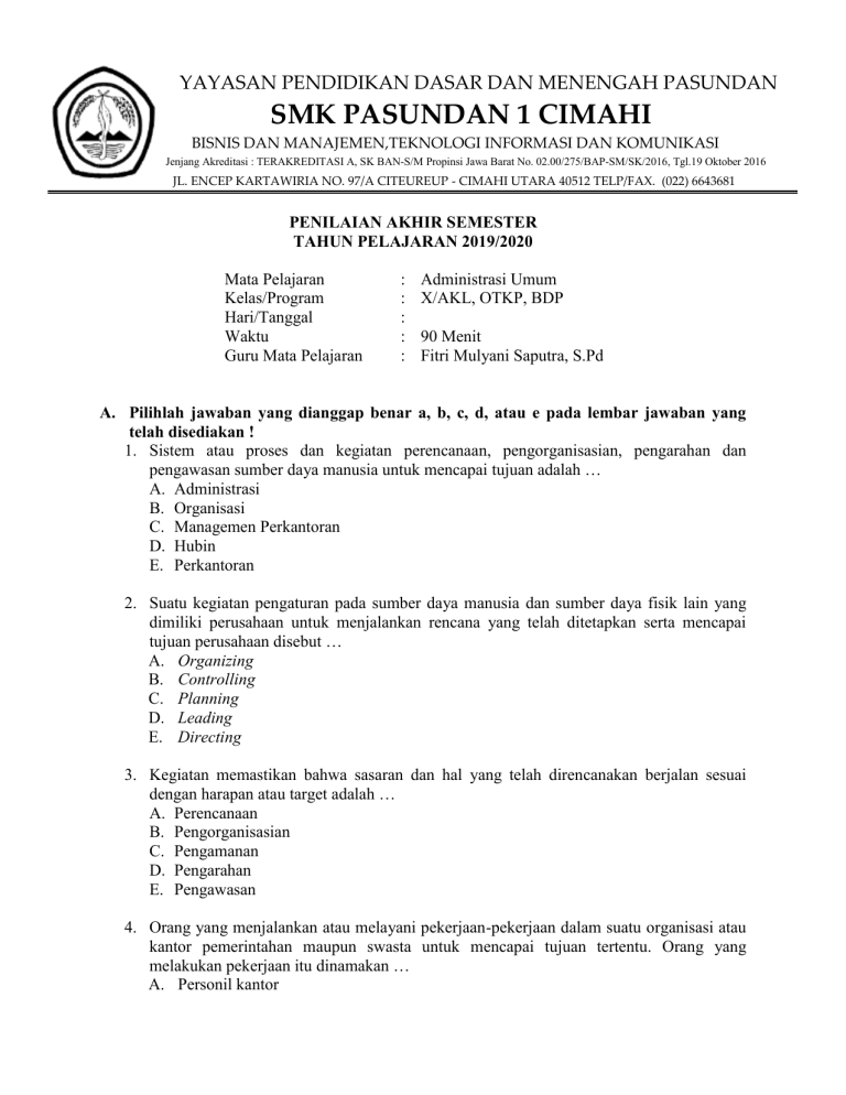 Akhirnya Terkuak! 5 Contoh Soal Administrasi Umum Kelas 10 Semester 2 Beserta Jawabannya