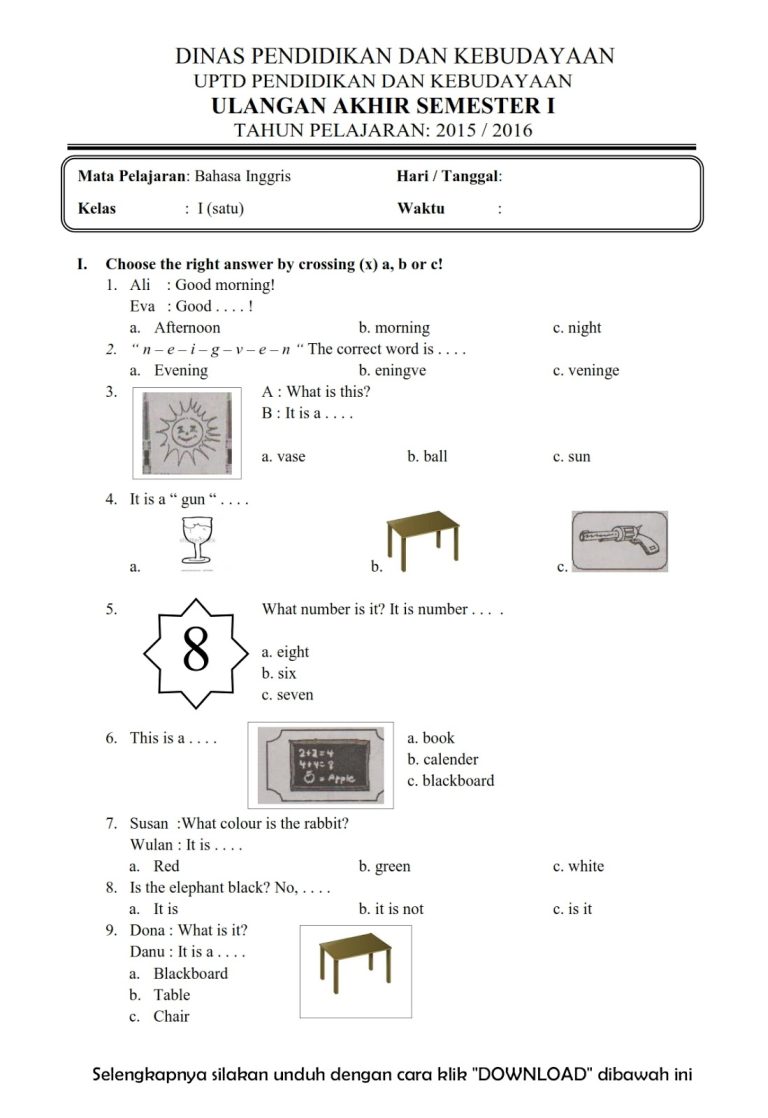 Akhirnya Tersedia 7 Lembar Soal Bahasa Inggris Kelas 1 SD Semester 1 Kurikulum 2013 Siap Cetak