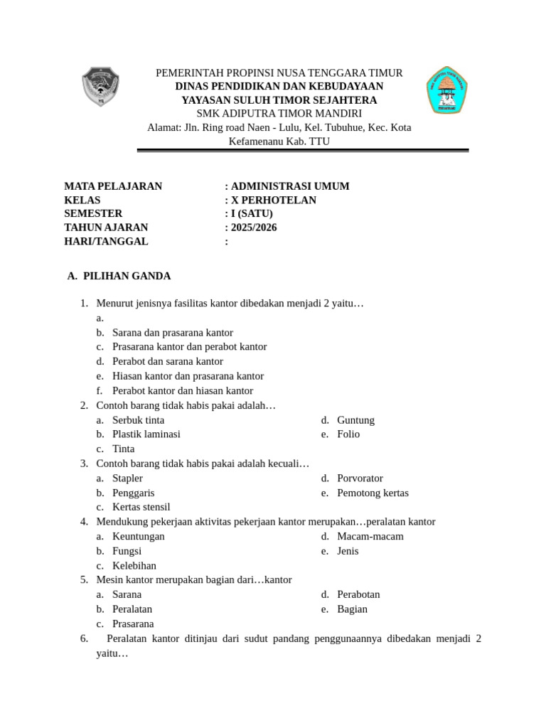 contoh soal administrasi umum smk kelas x semester 2