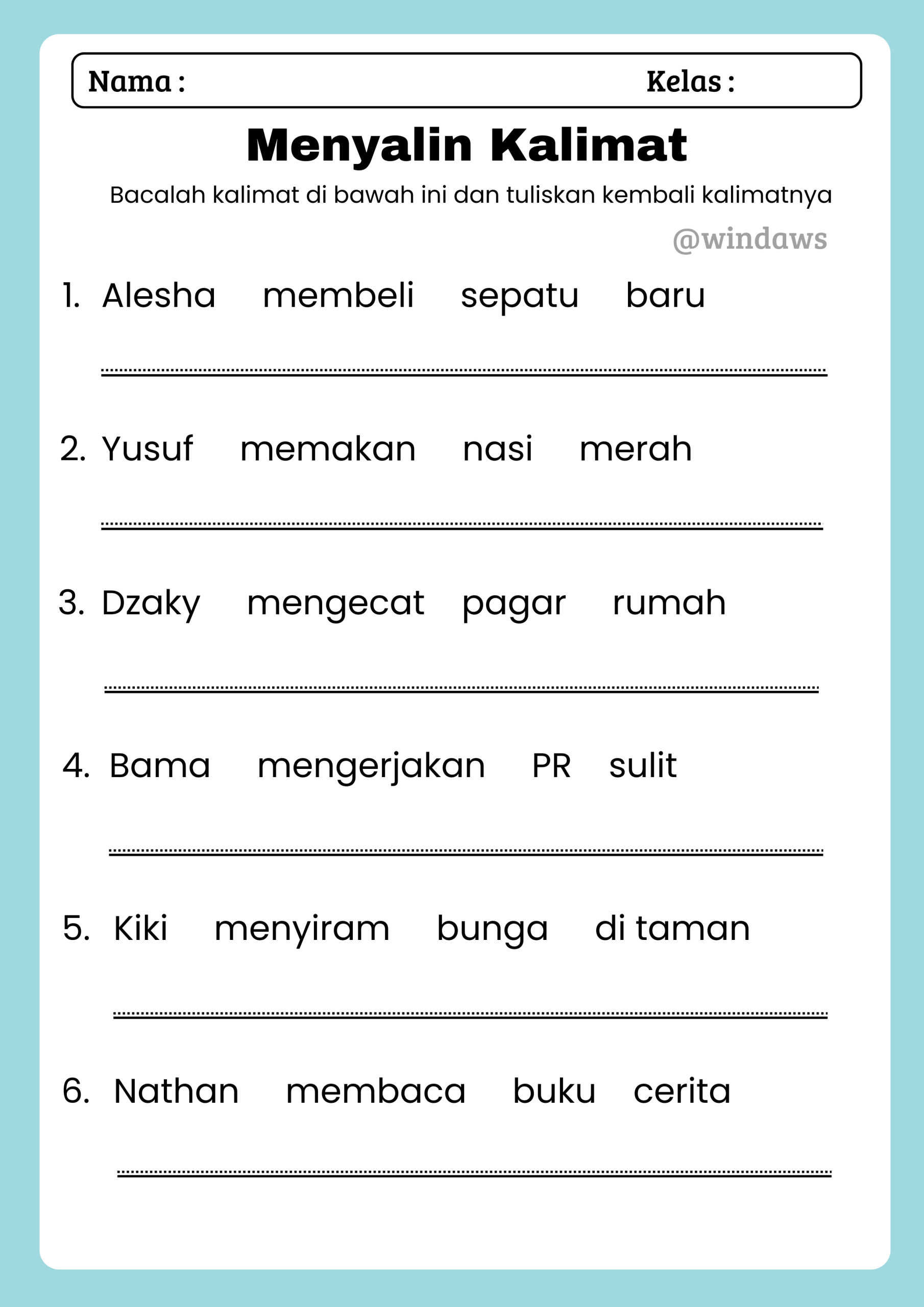 MENYALIN KALIMAT Menyalin kalimat anak tk Latihan menulis Worksheet