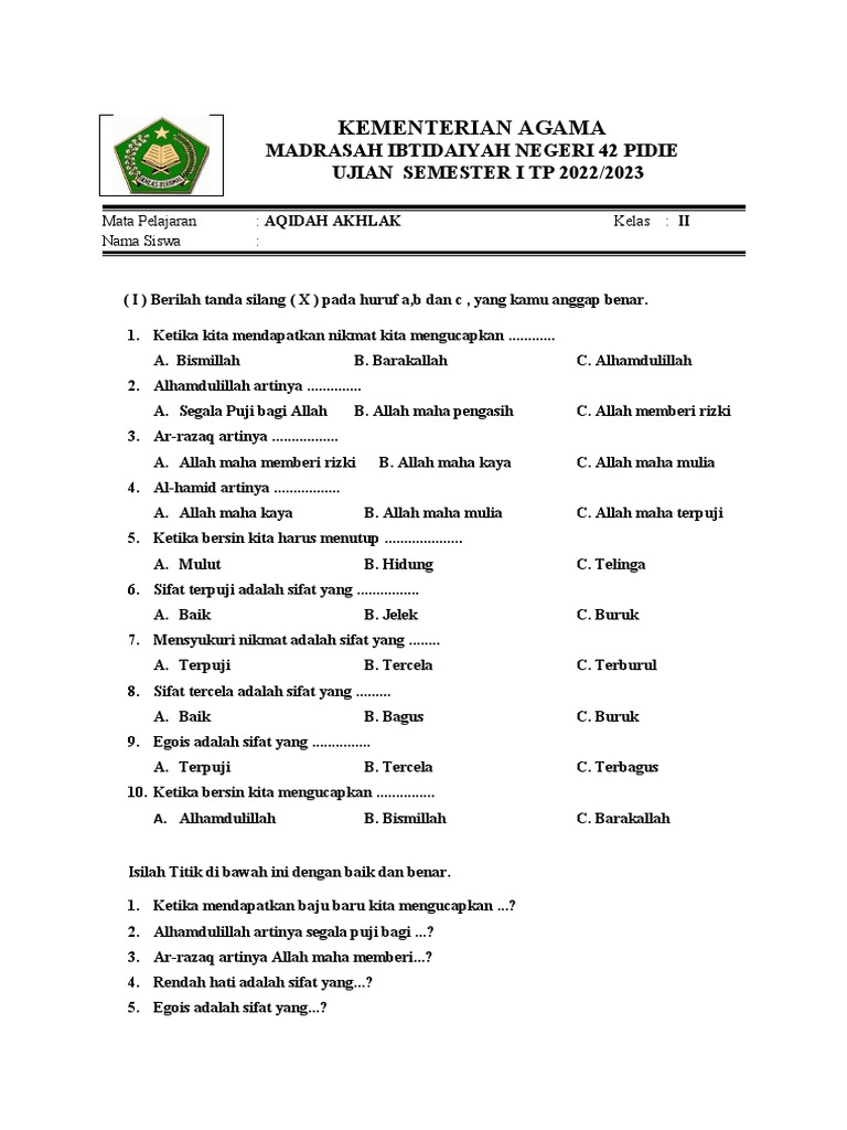 Mengasah Pemahaman Akhlak Mulia Contoh Soal Tematik Kelas 2 Akidah