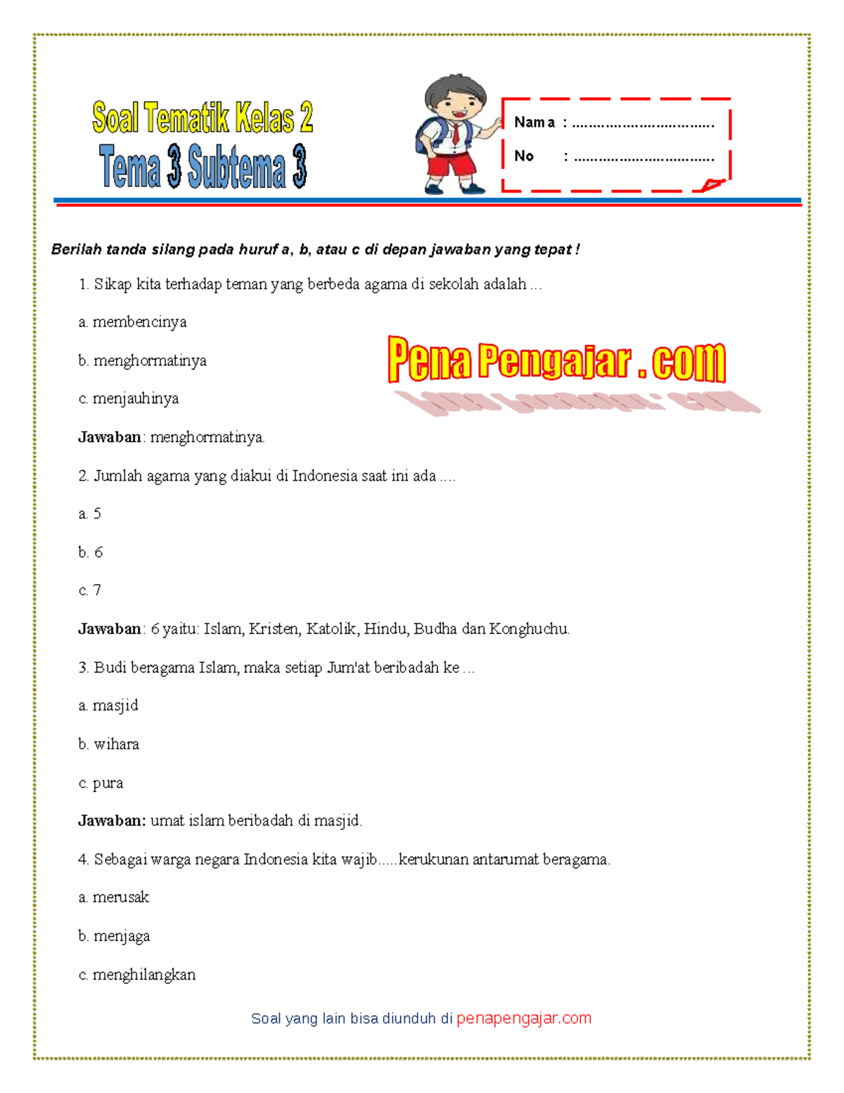 Contoh soal kelas 2 tema 3 subtema 3 pelajaran 4 yang Bikin Anak Paham di Tahun 2026