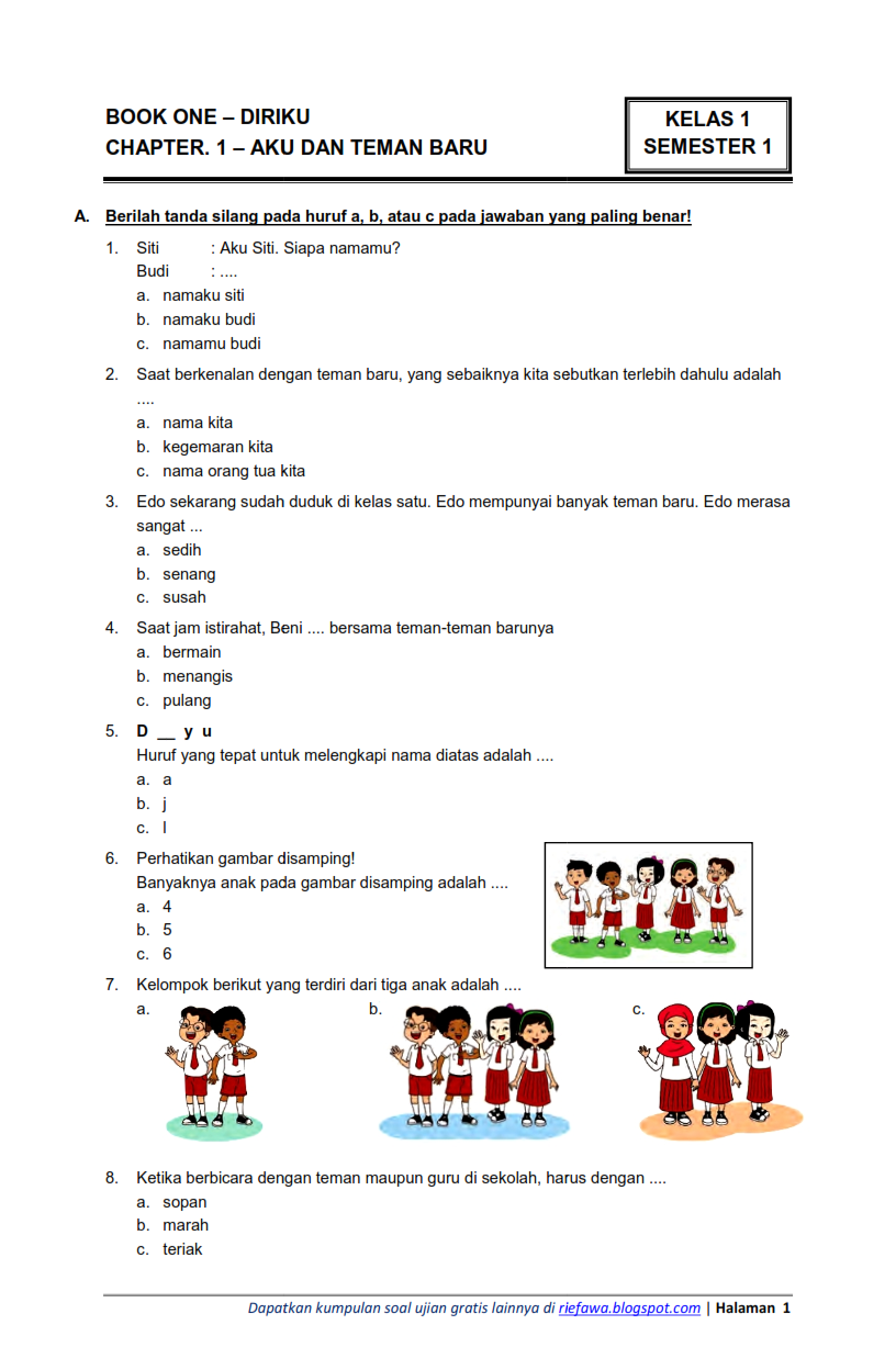Selain Latihan Matematika, Ini 20 Contoh Soal Tema 2 Kelas 1 Subtema 1 yang Wajib Dikuasai Siswa