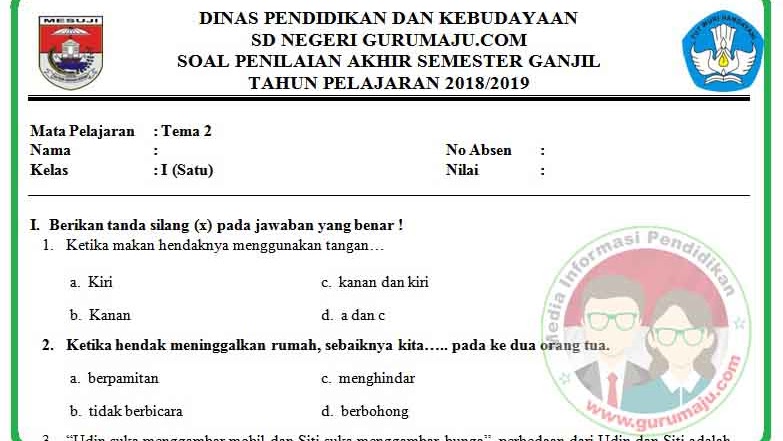 contoh soal tema 2 kelas 1 sd kurikulum 2013