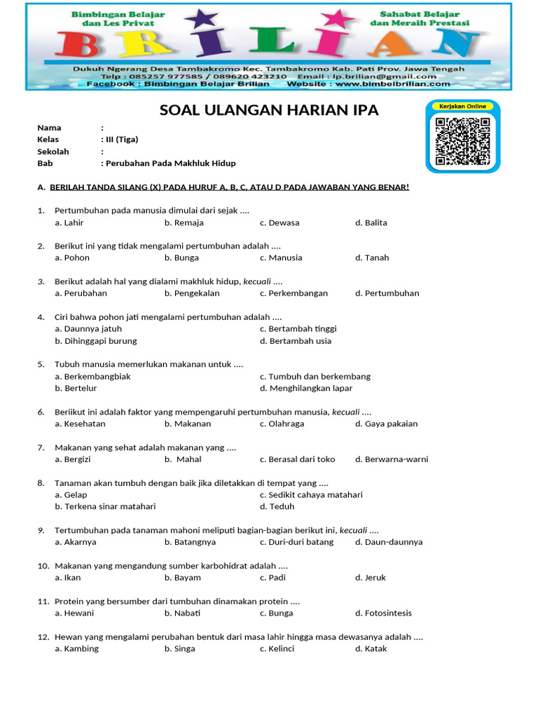 Latihan Soal IPA Kelas 3 SD Semester 1 Tentang Makhluk Hidup Ternyata Sangat Mudah