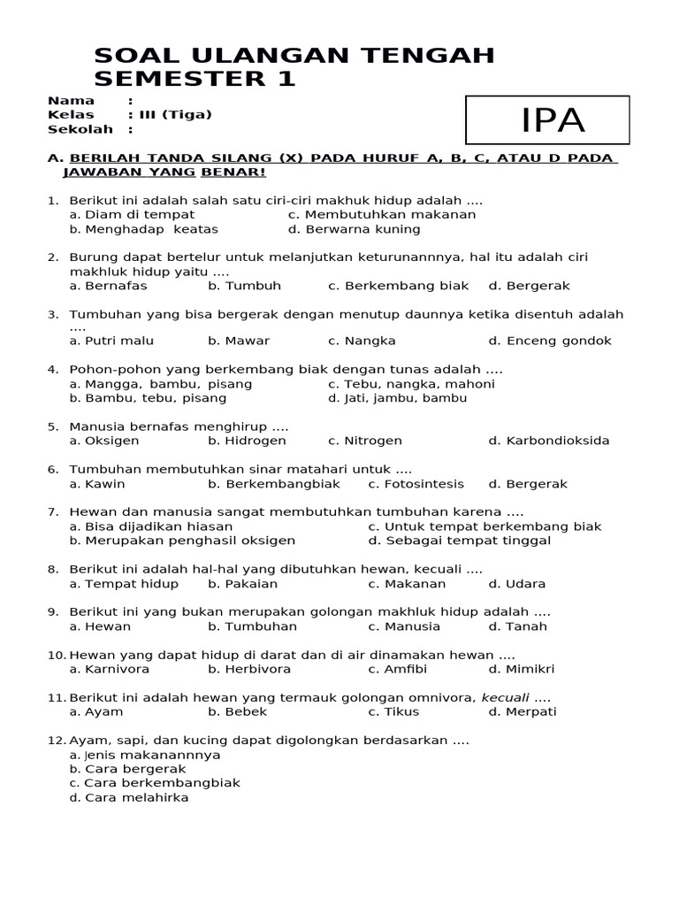 Rahasia Nilai Sempurna dengan Latihan Soal UTS IPA Kelas 3 SD Semester 1 Terbaru
