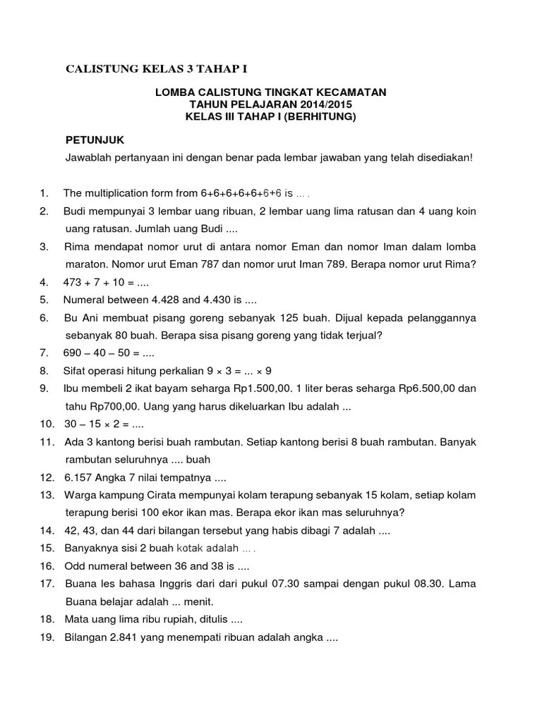 Sambil Menunggu Final Garuda, Yuk Latihan Contoh Soal Calistung Kelas 3 Agar Anak Pintar