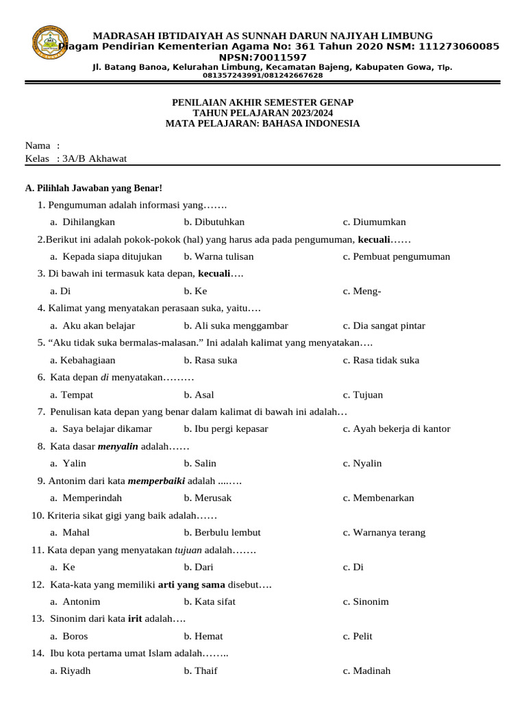 Wajib Tahu! Bocoran Soal Bahasa Indonesia Kelas 3 SD Semester 2 Kurikulum 2013 Terbaru