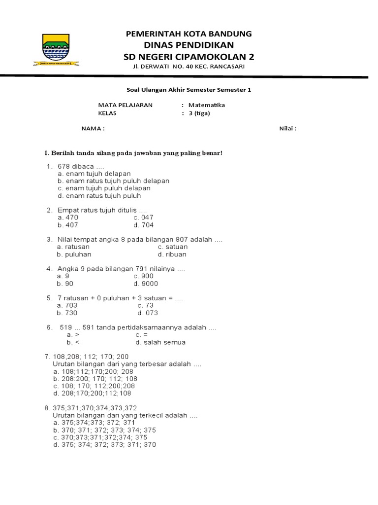 Wajib Tahu Bocoran Soal UAS Matematika Kelas 3 Semester 1 Agar Nilai Anak Sempurna