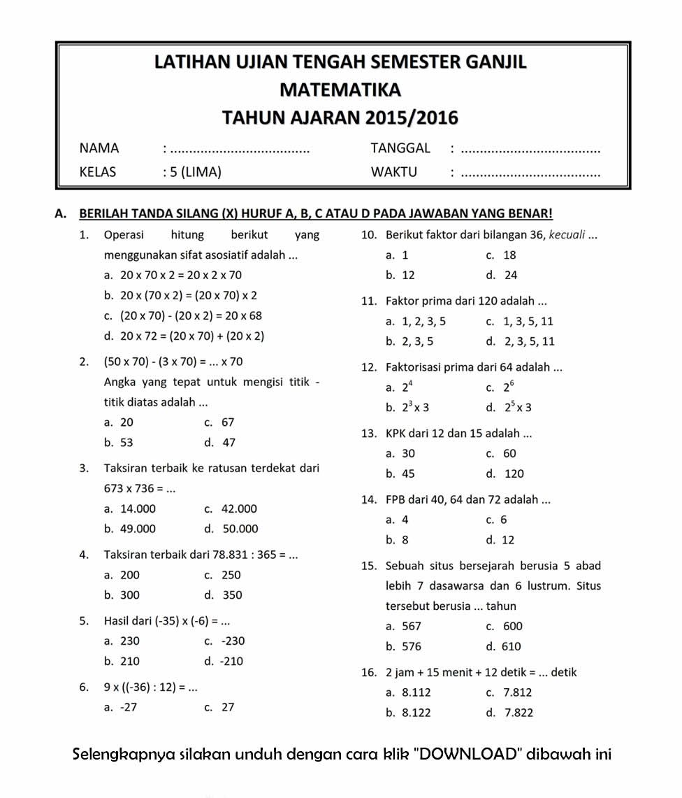 Wajib Tahu! Ini Kumpulan Latihan Soal UTS Kelas 1 SD Semester 1 Kurikulum 2017 Terbaru